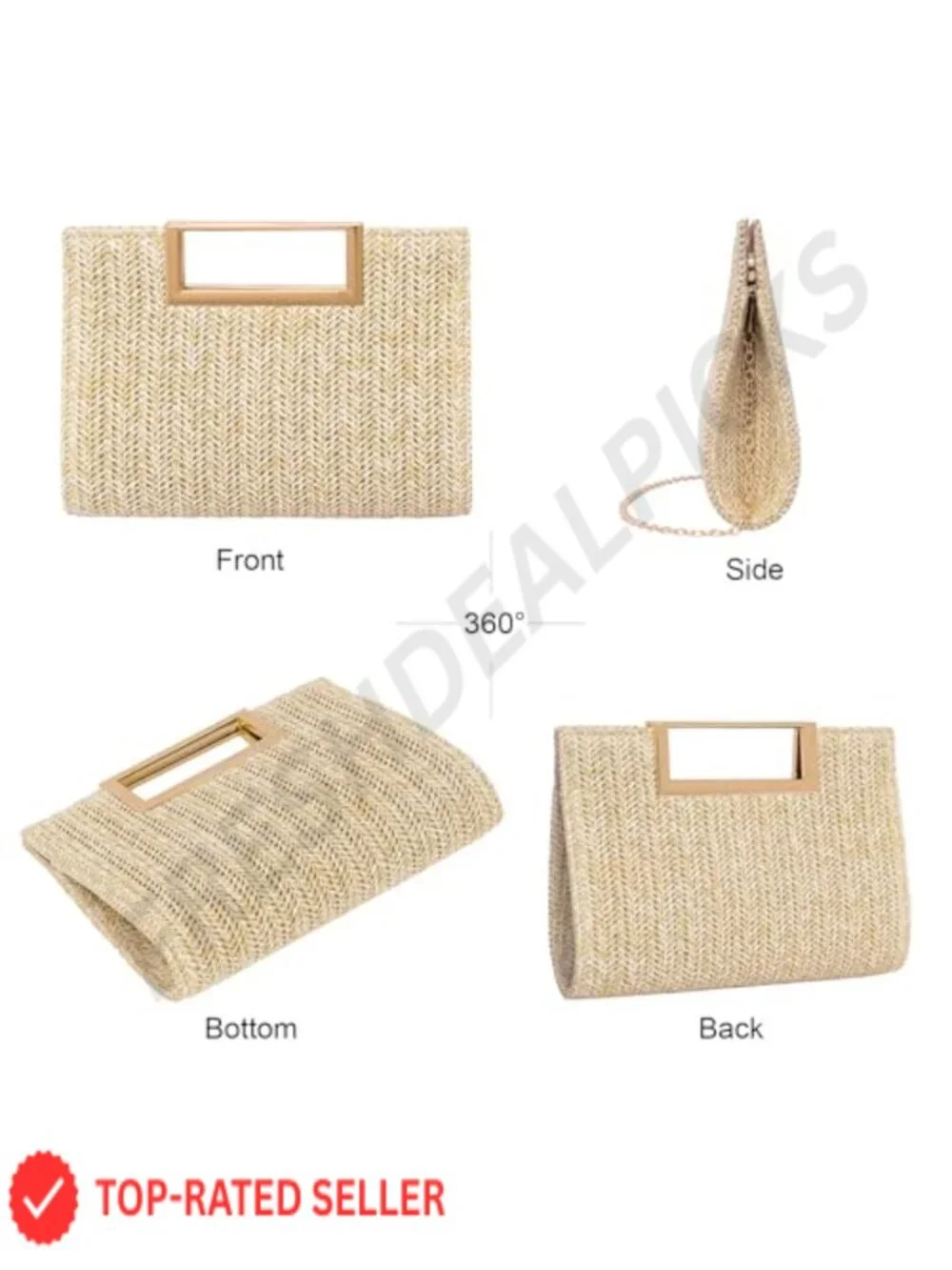 Woven Straw Evening Bag Clutch with Gold Metal Handle Chain